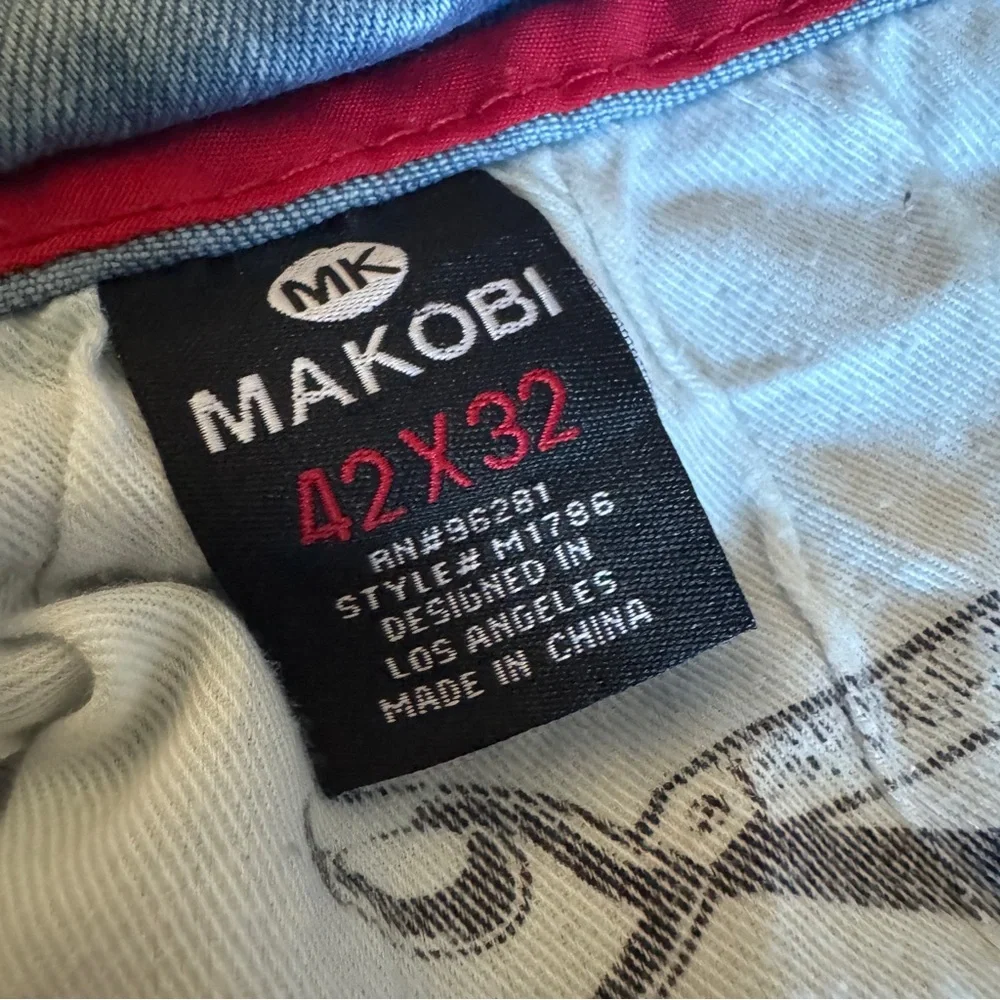 MAKOBI Prado Biker Jeans Light Wash Distressed Moto Rip & Repair Slim Fit 42x32